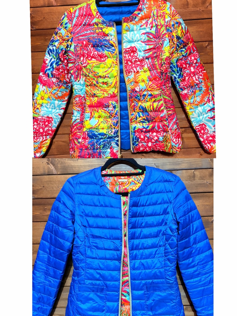 Reversible Quilted Puffer Jacket - Bright Floral / Royal Blue